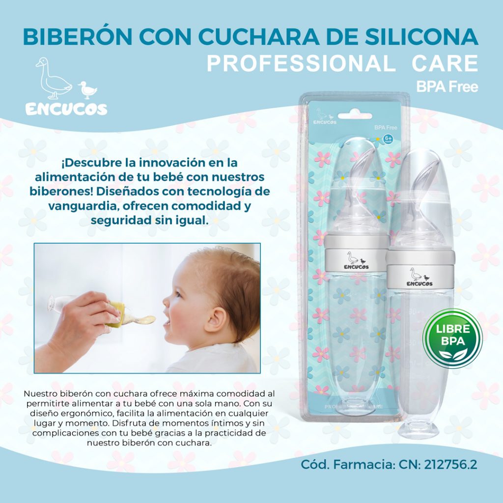 Biberón con cuchara de silicona Encucos en varios colores, ideal para bebés.