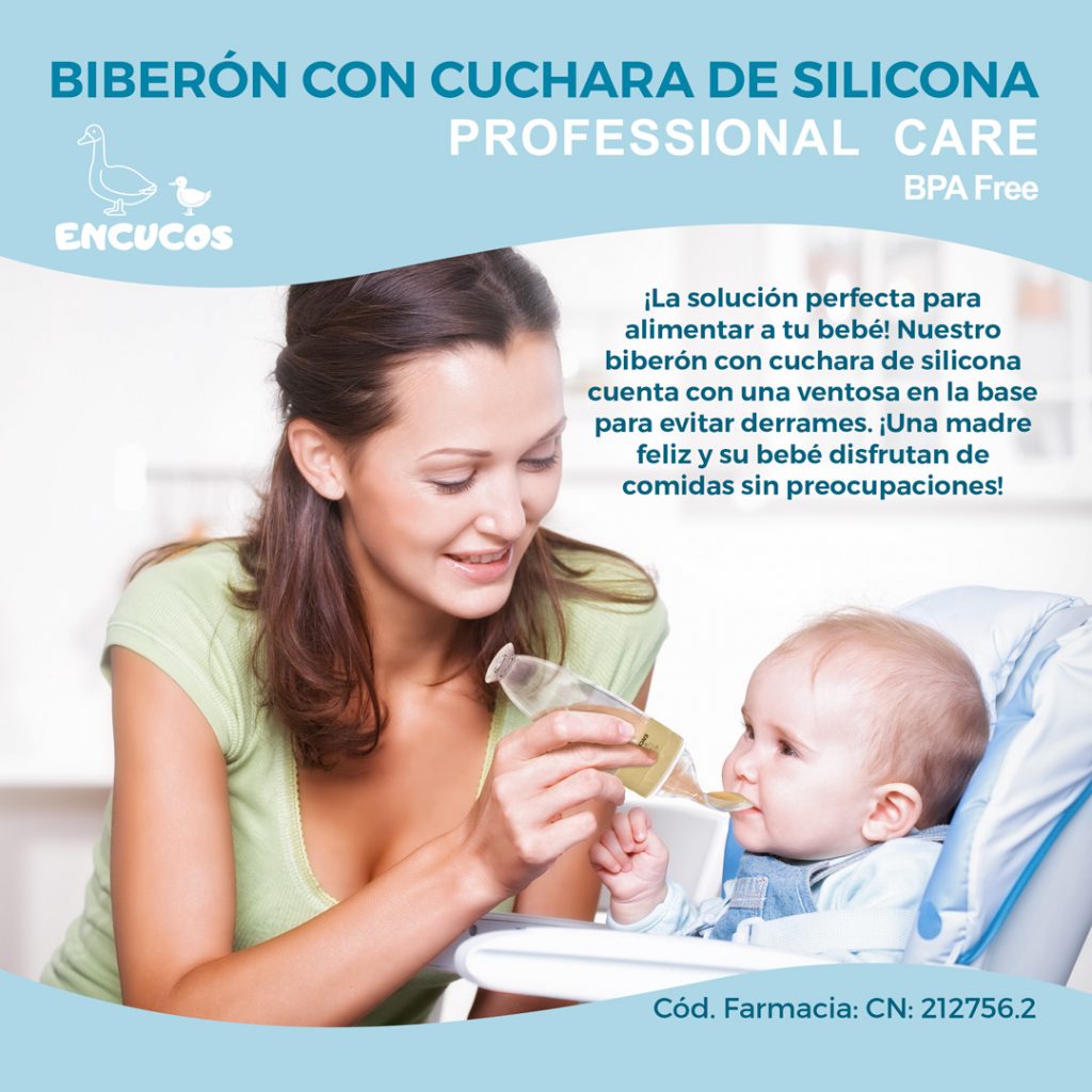Biberón con cuchara de silicona Encucos en varios colores, ideal para bebés.