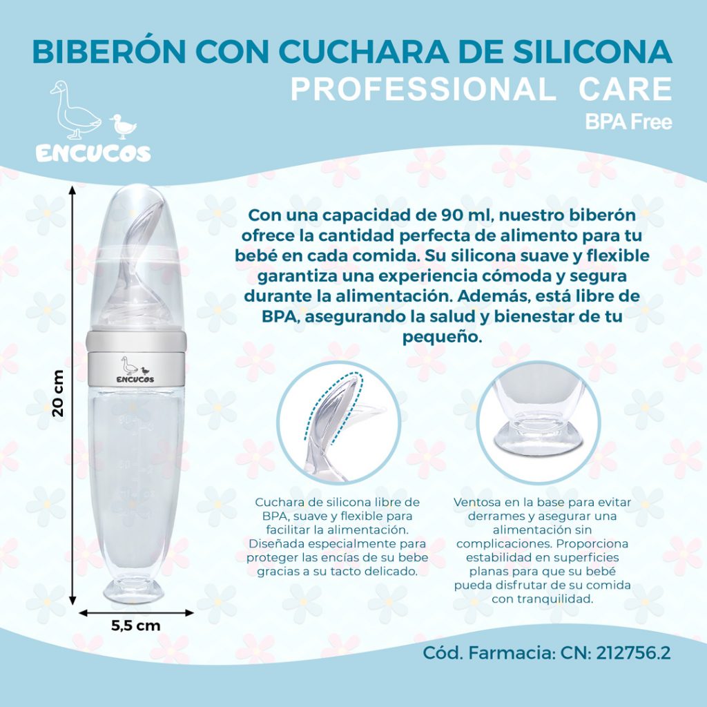 Biberón de Silicona con Cuchara Encucos - Alimentación Bebé Biberón con cuchara de silicona Encucos en varios colores, ideal para bebés.